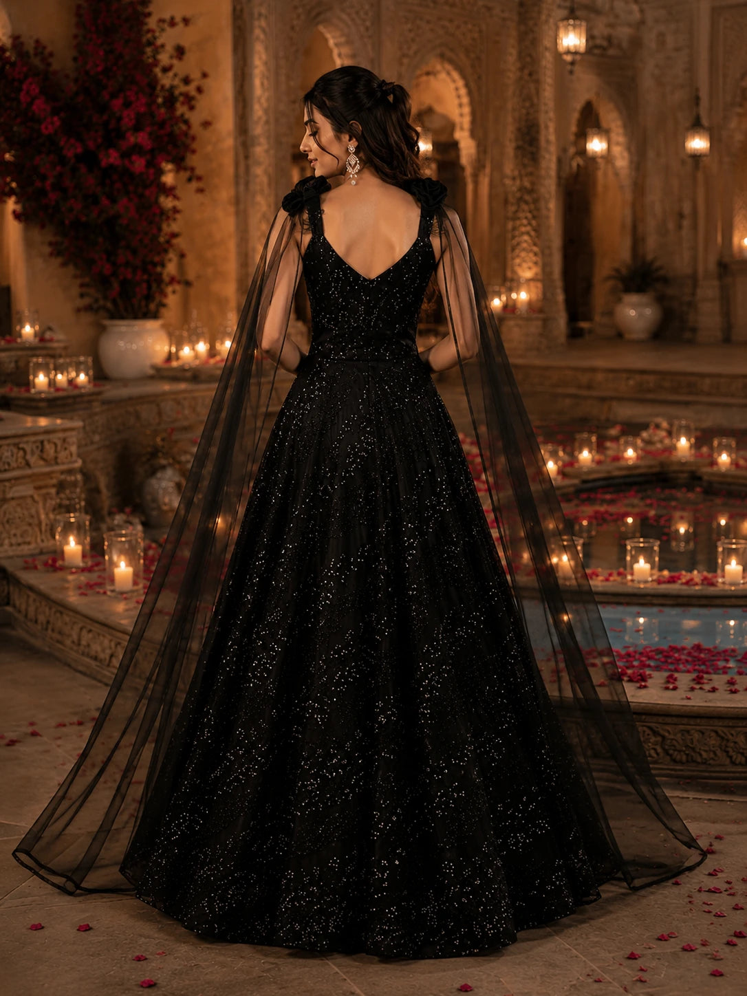 Black Embellished Gown with Sheer Cape