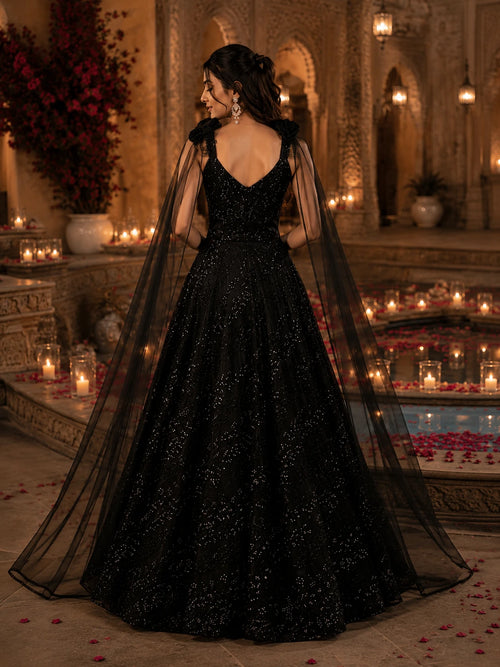 Black Embellished Gown with Sheer Cape