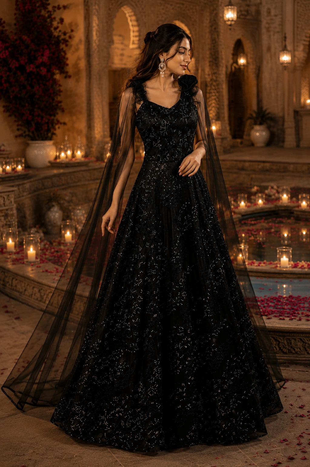 Black Embellished Gown with Sheer Cape
