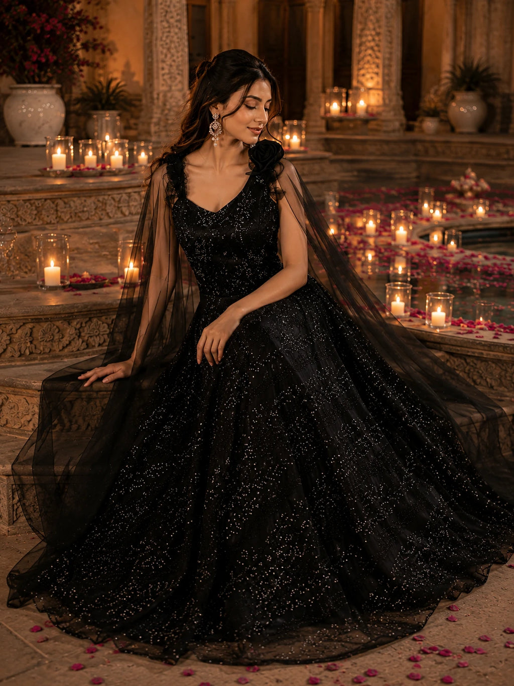 Black Embellished Gown with Sheer Cape