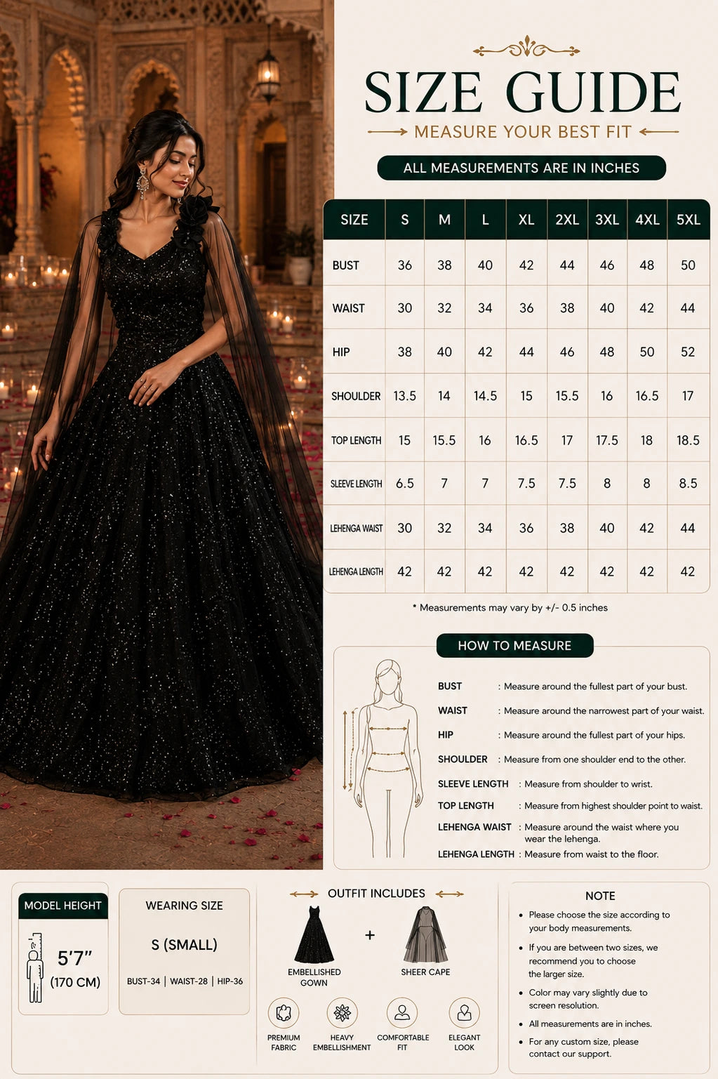 Black Embellished Gown with Sheer Cape