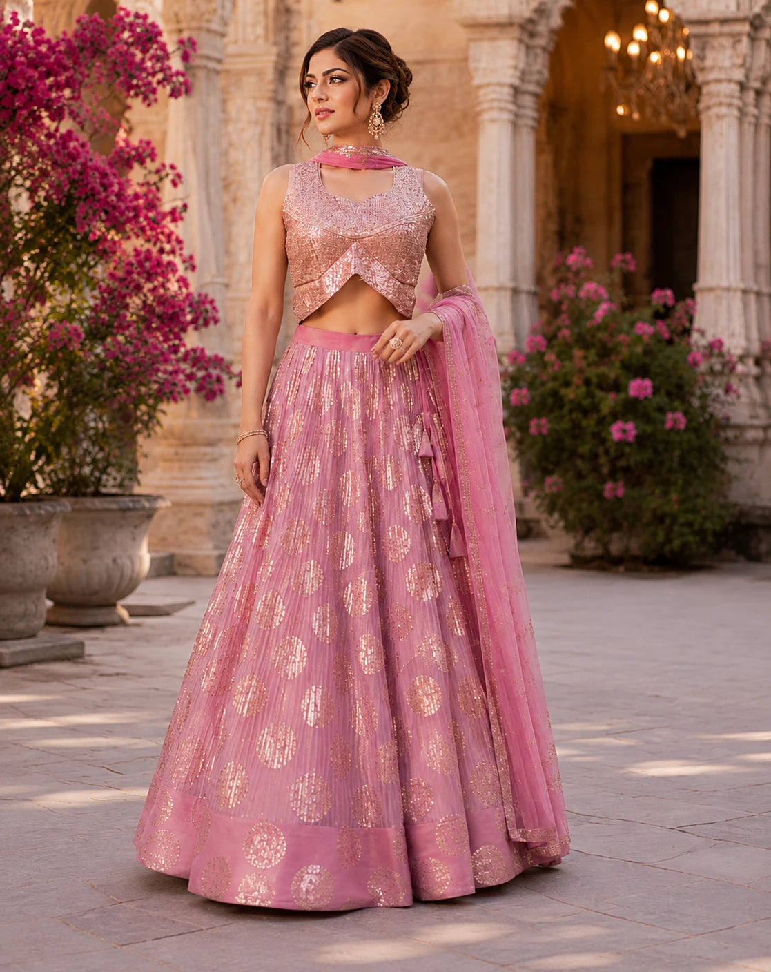 Blush Pink Sequin Floral Lehenga Choli Set