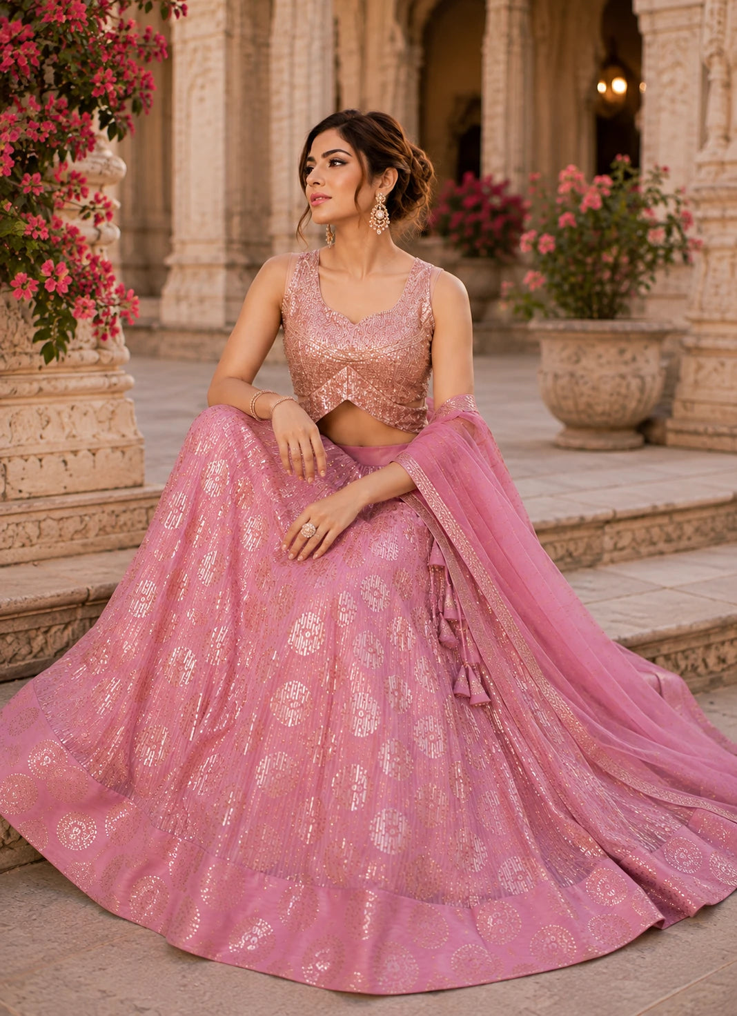 Blush Pink Sequin Floral Lehenga Choli Set
