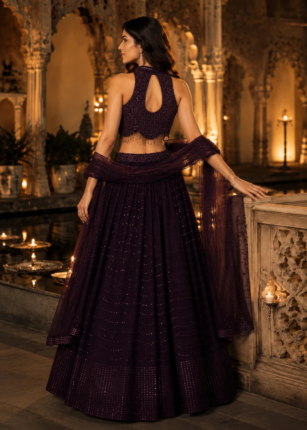 Deep Plum Sequin Lehenga Choli Set
