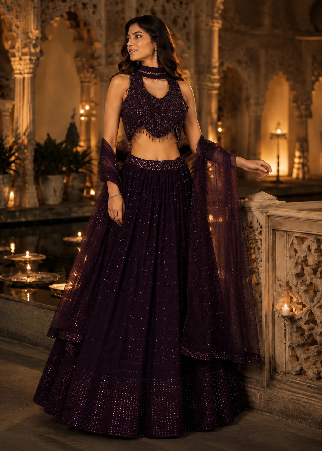 Deep Plum Sequin Lehenga Choli Set