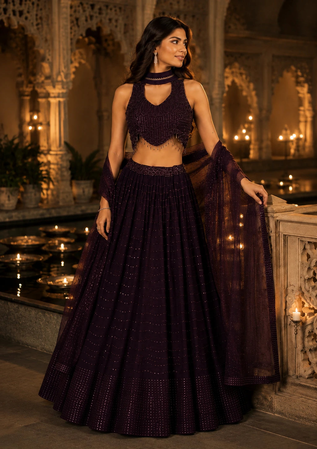 Deep Plum Sequin Lehenga Choli Set