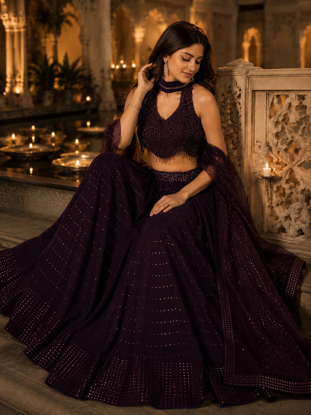Deep Plum Sequin Lehenga Choli Set