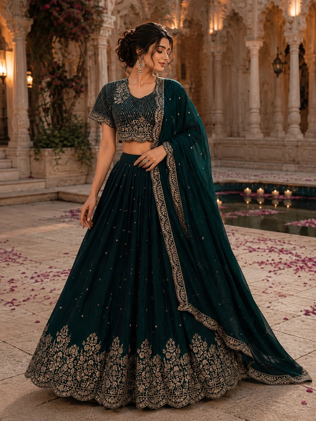 Emerald Green Embroidered Lehenga Choli Set