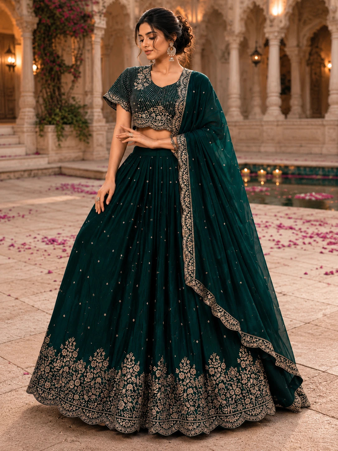 Emerald Green Embroidered Lehenga Choli Set