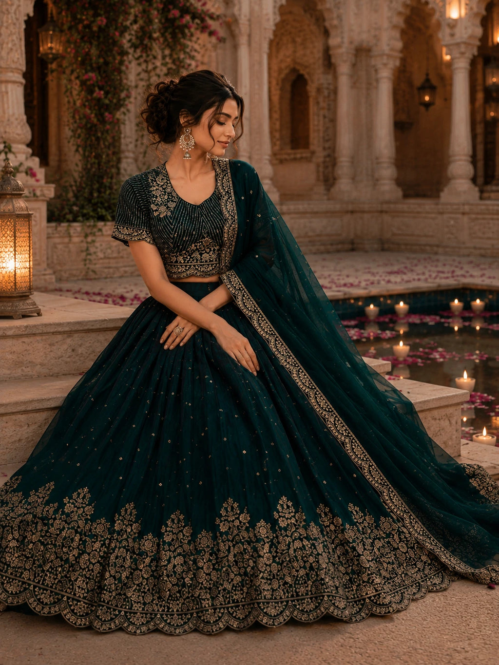 Emerald Green Embroidered Lehenga Choli Set