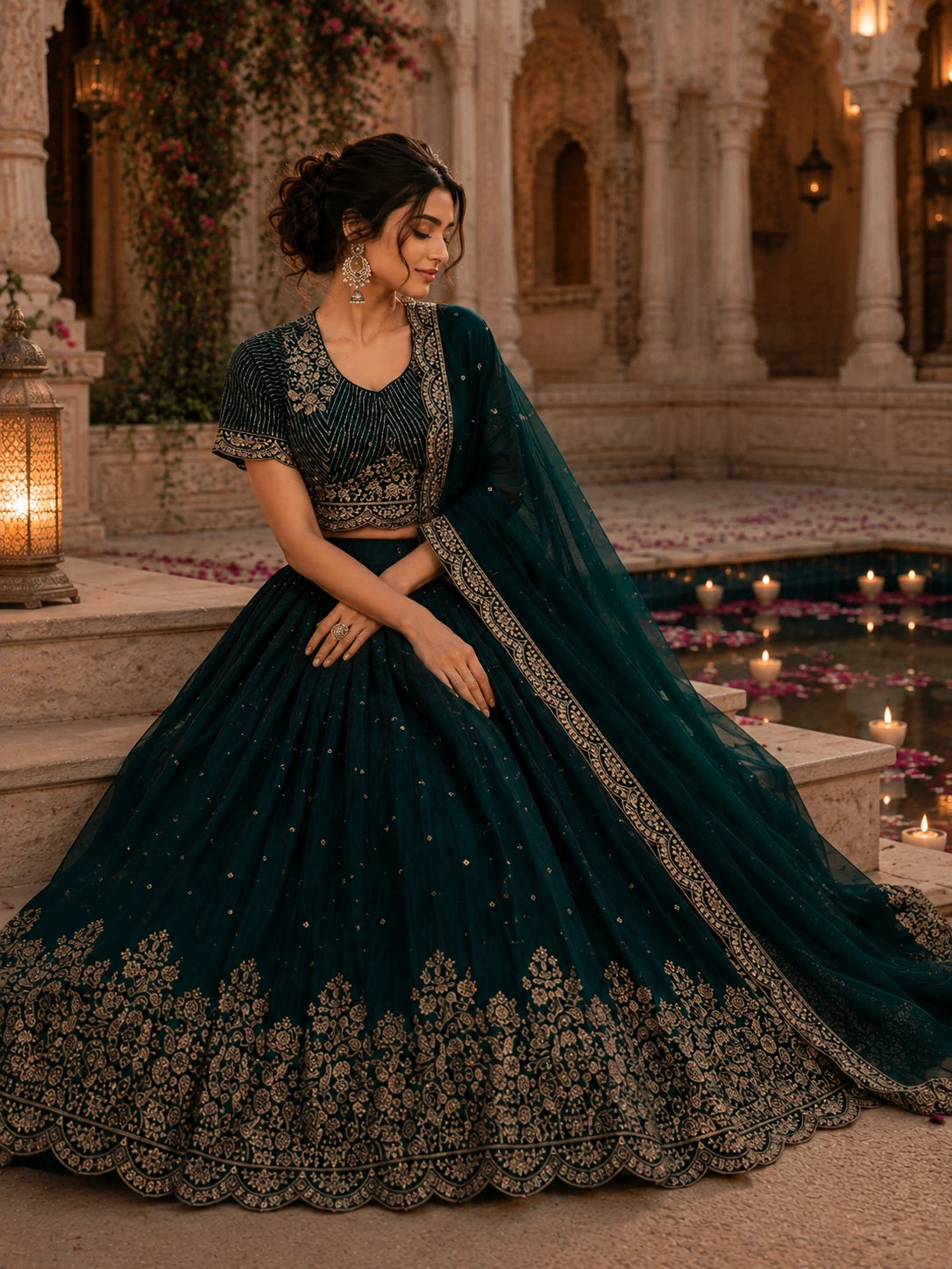 Emerald Green Embroidered Lehenga Choli Set