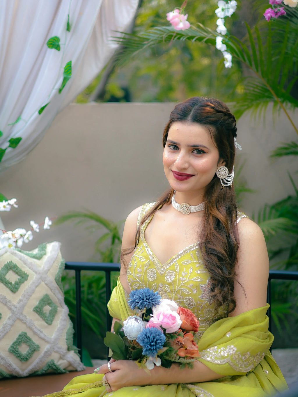 Lime Green Embroidered Lehenga Choli Set