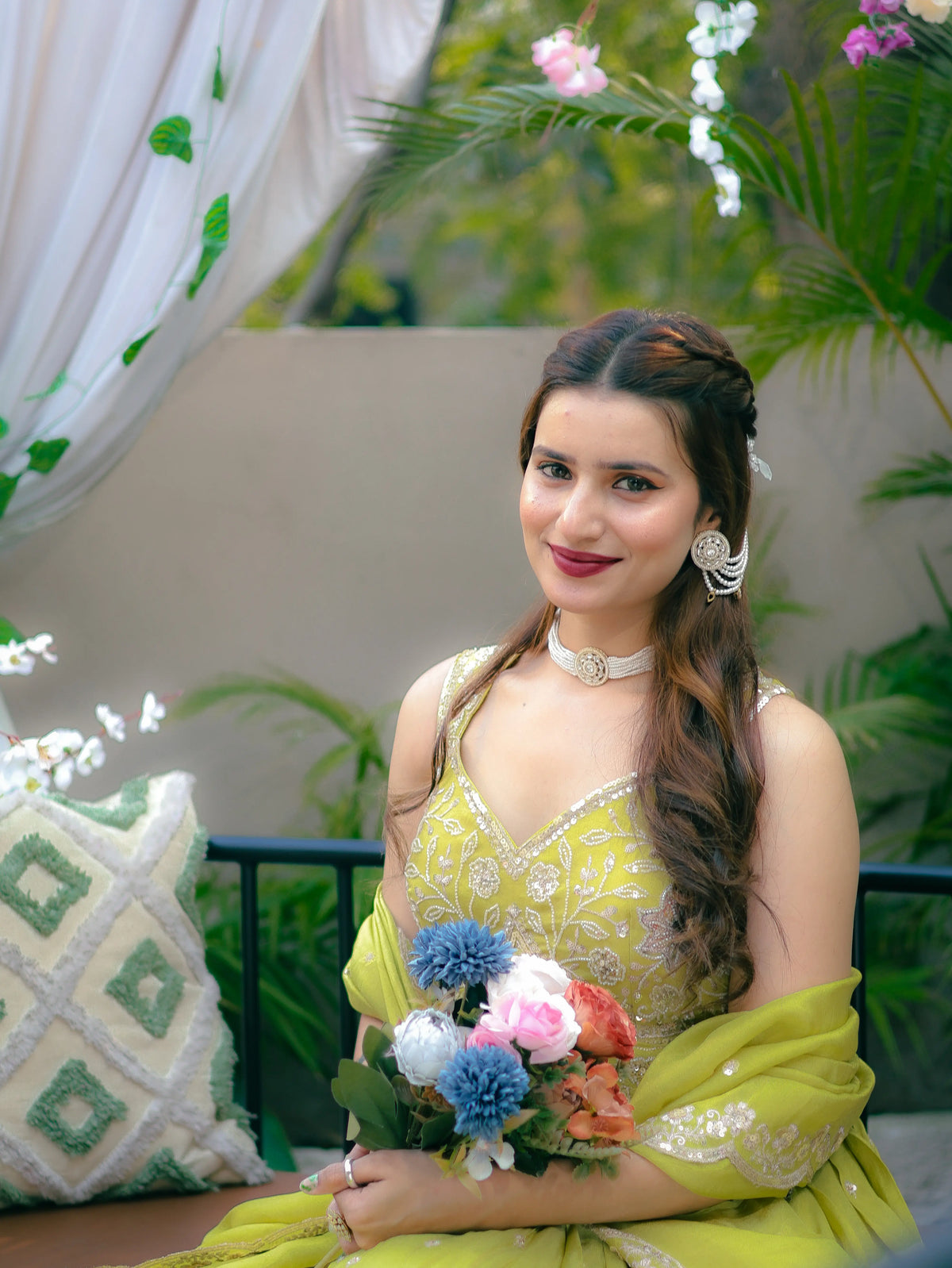 Lime Green Embroidered Lehenga Choli Set