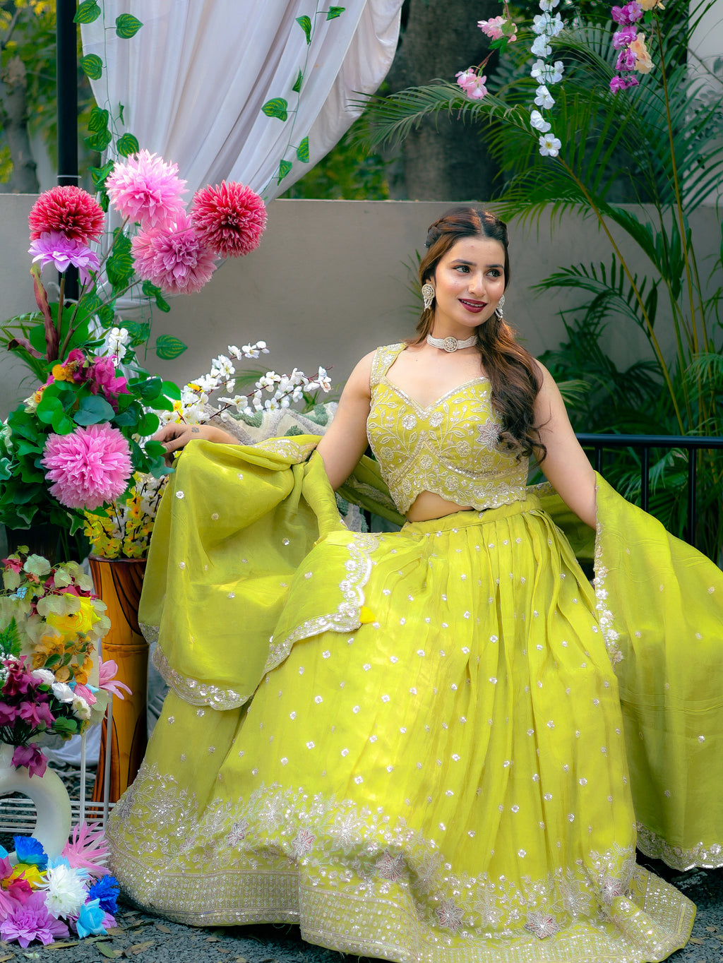 Lime Green Embroidered Lehenga Choli Set