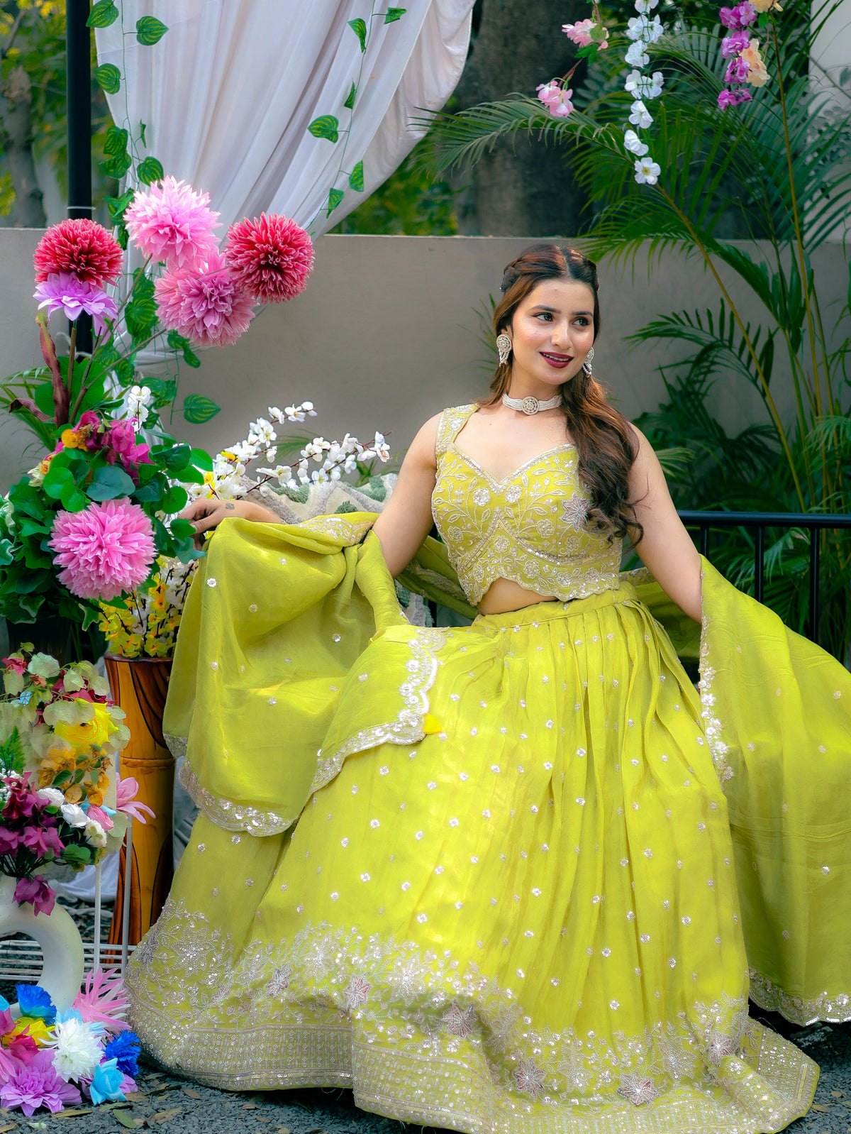 Lime Green Embroidered Lehenga Choli Set