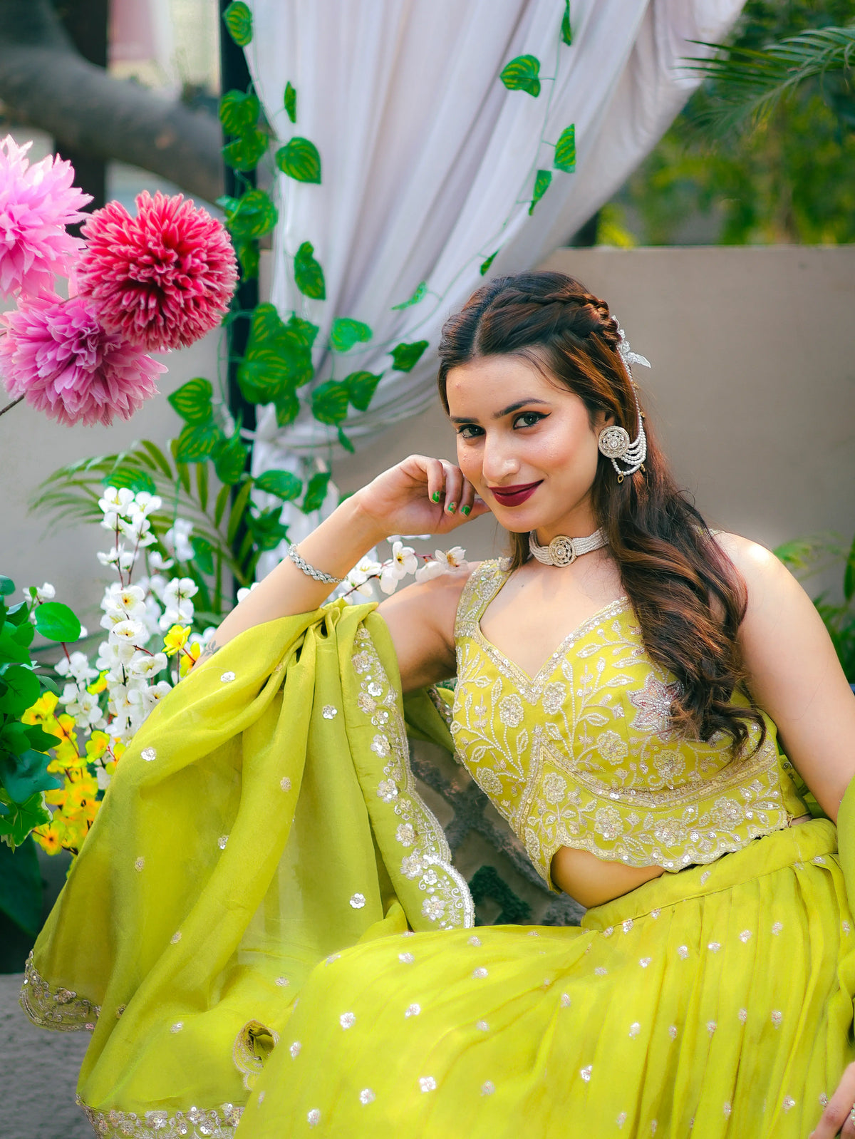 Lime Green Embroidered Lehenga Choli Set