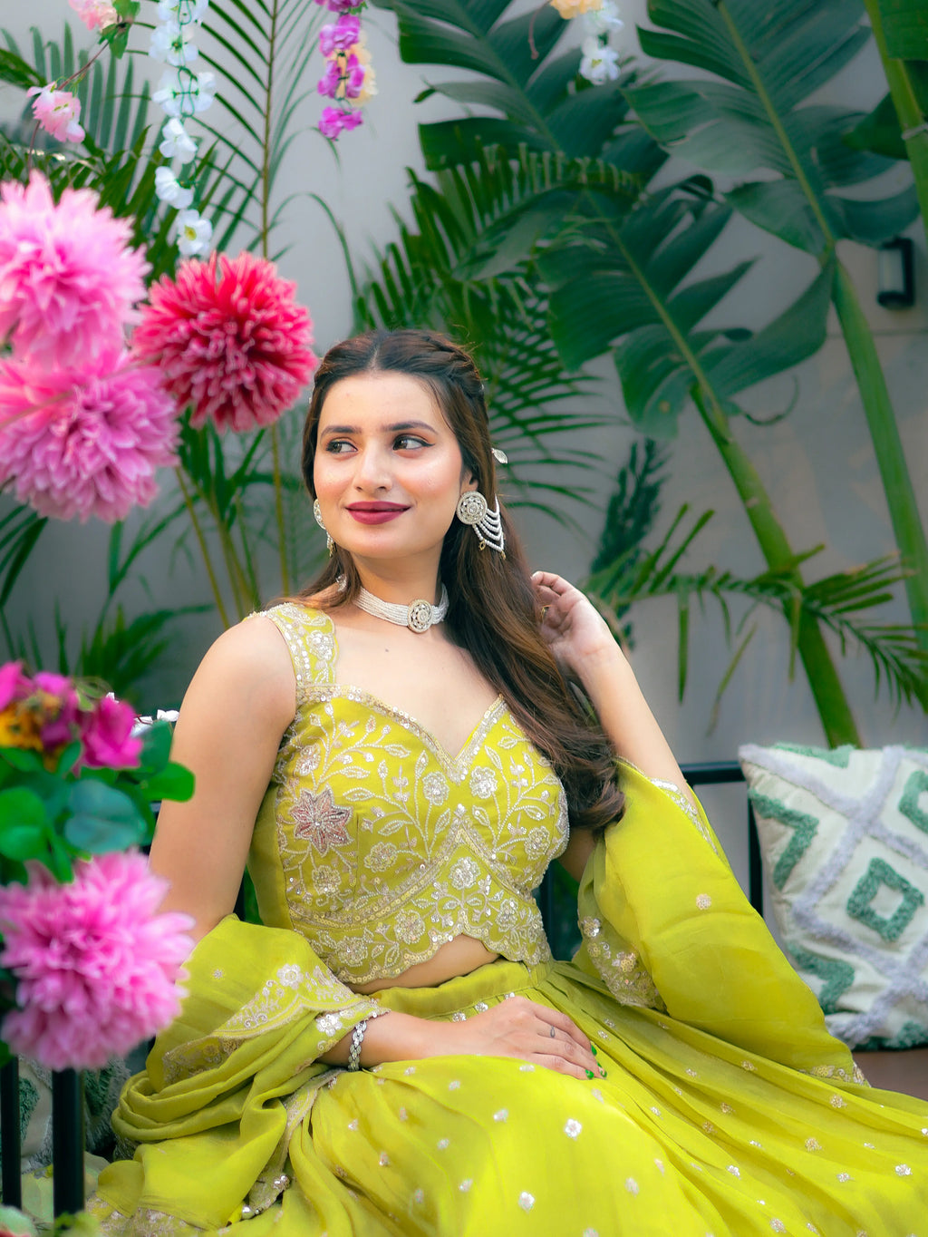 Lime Green Embroidered Lehenga Choli Set