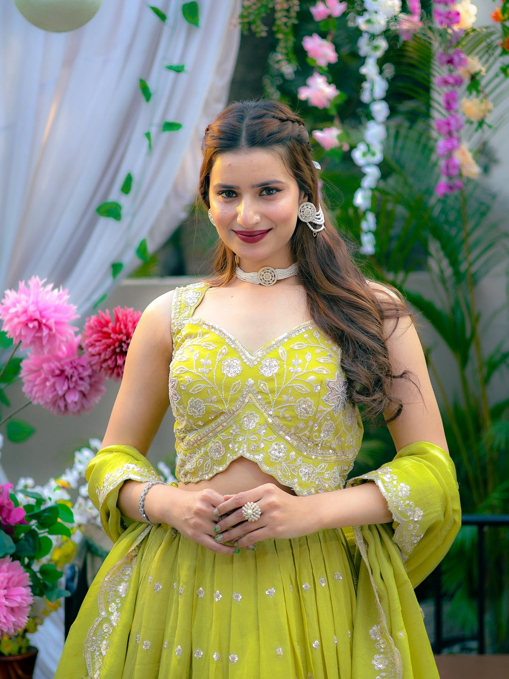 Lime Green Embroidered Lehenga Choli Set