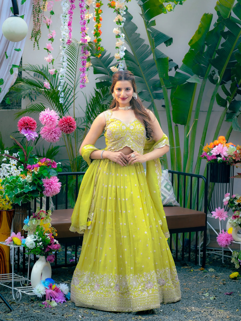 Lime Green Embroidered Lehenga Choli Set