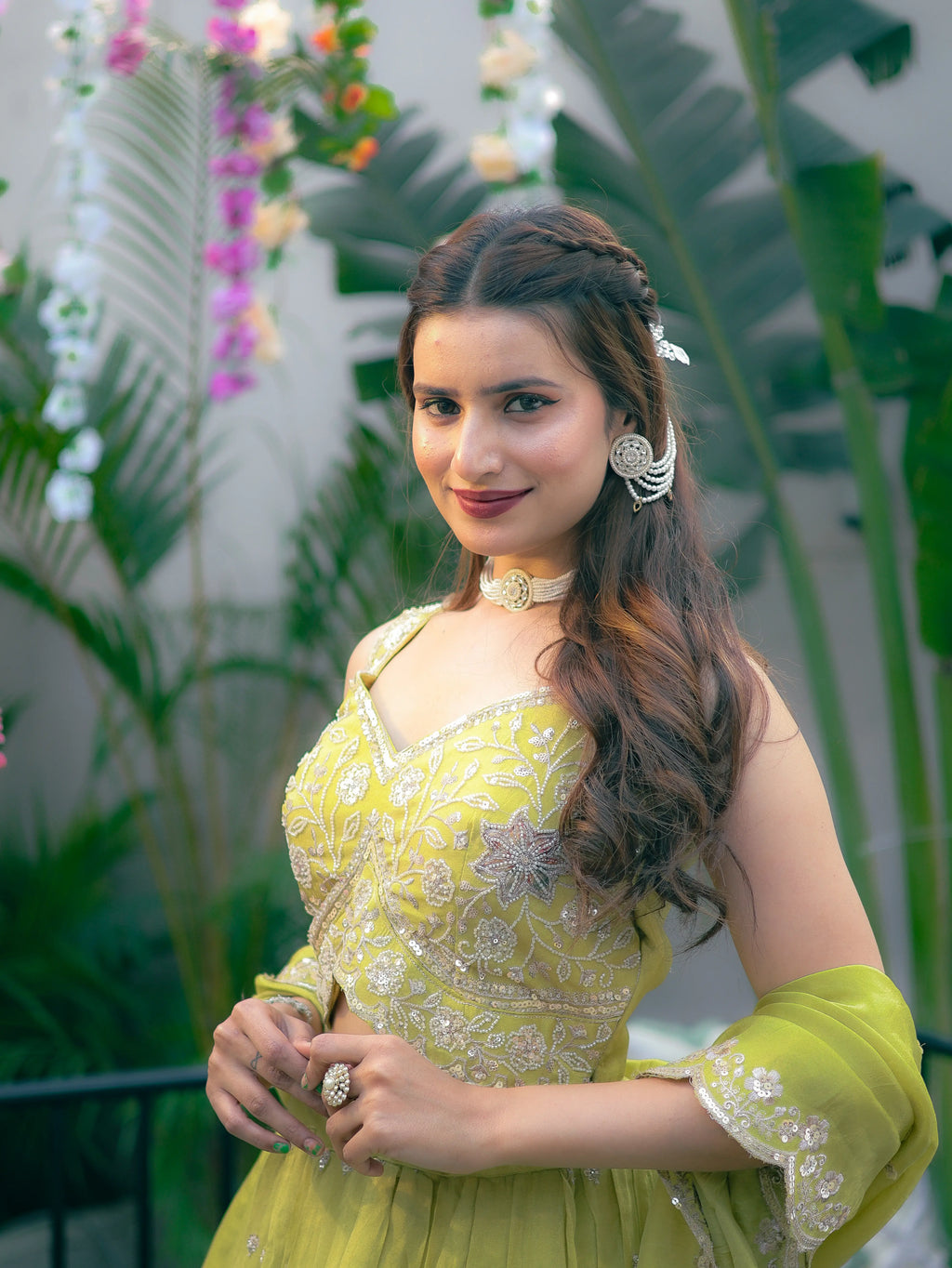 Lime Green Embroidered Lehenga Choli Set