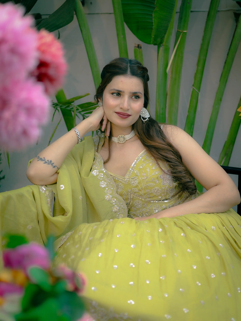 Lime Green Embroidered Lehenga Choli Set