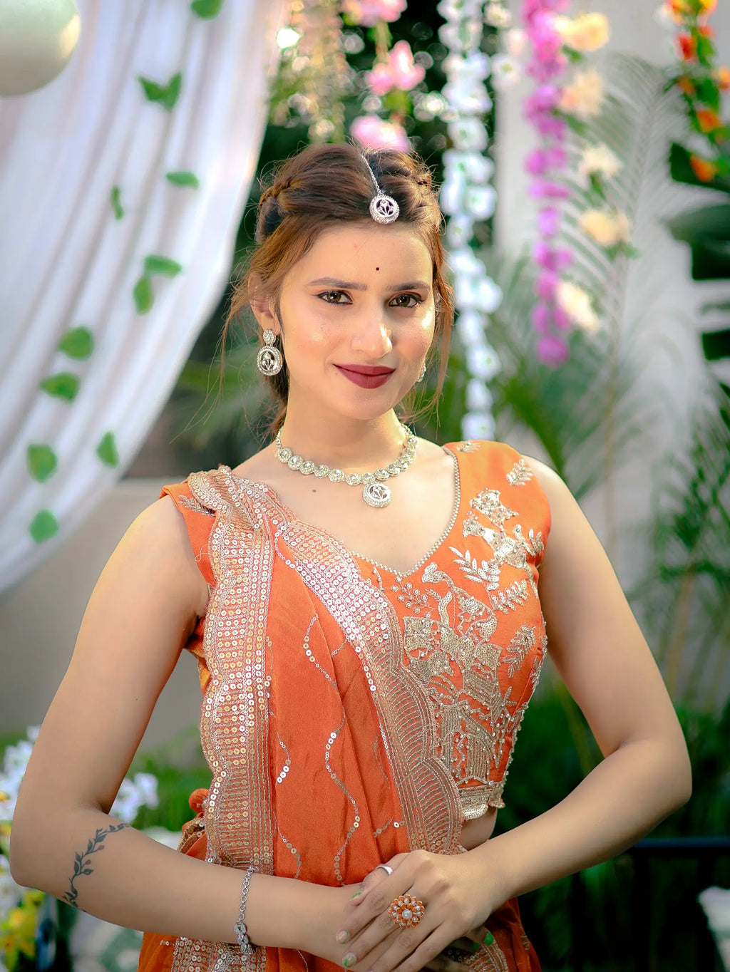 Peach Orange Embroidered Lehenga Choli Set