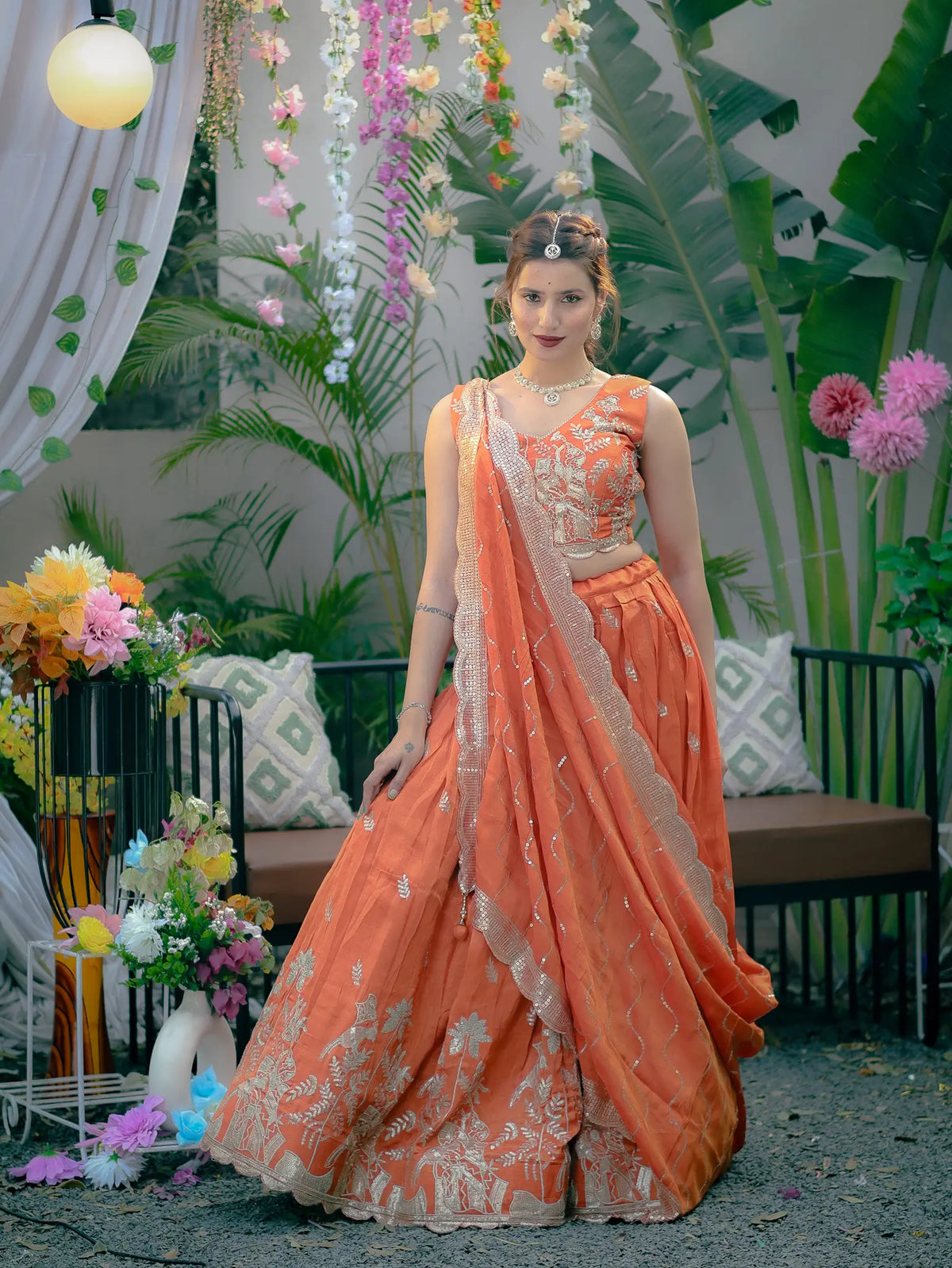 Peach Orange Embroidered Lehenga Choli Set