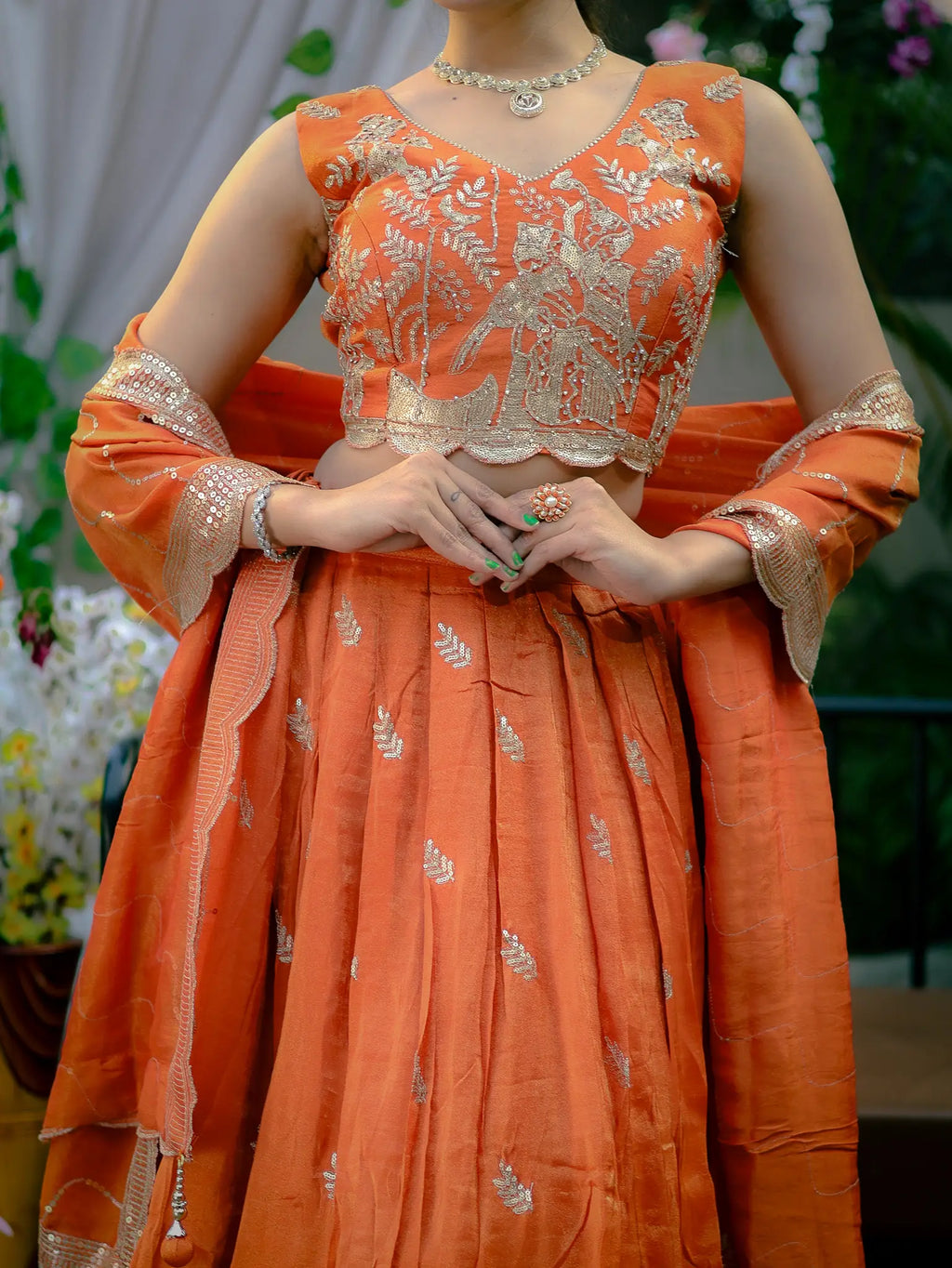 Peach Orange Embroidered Lehenga Choli Set