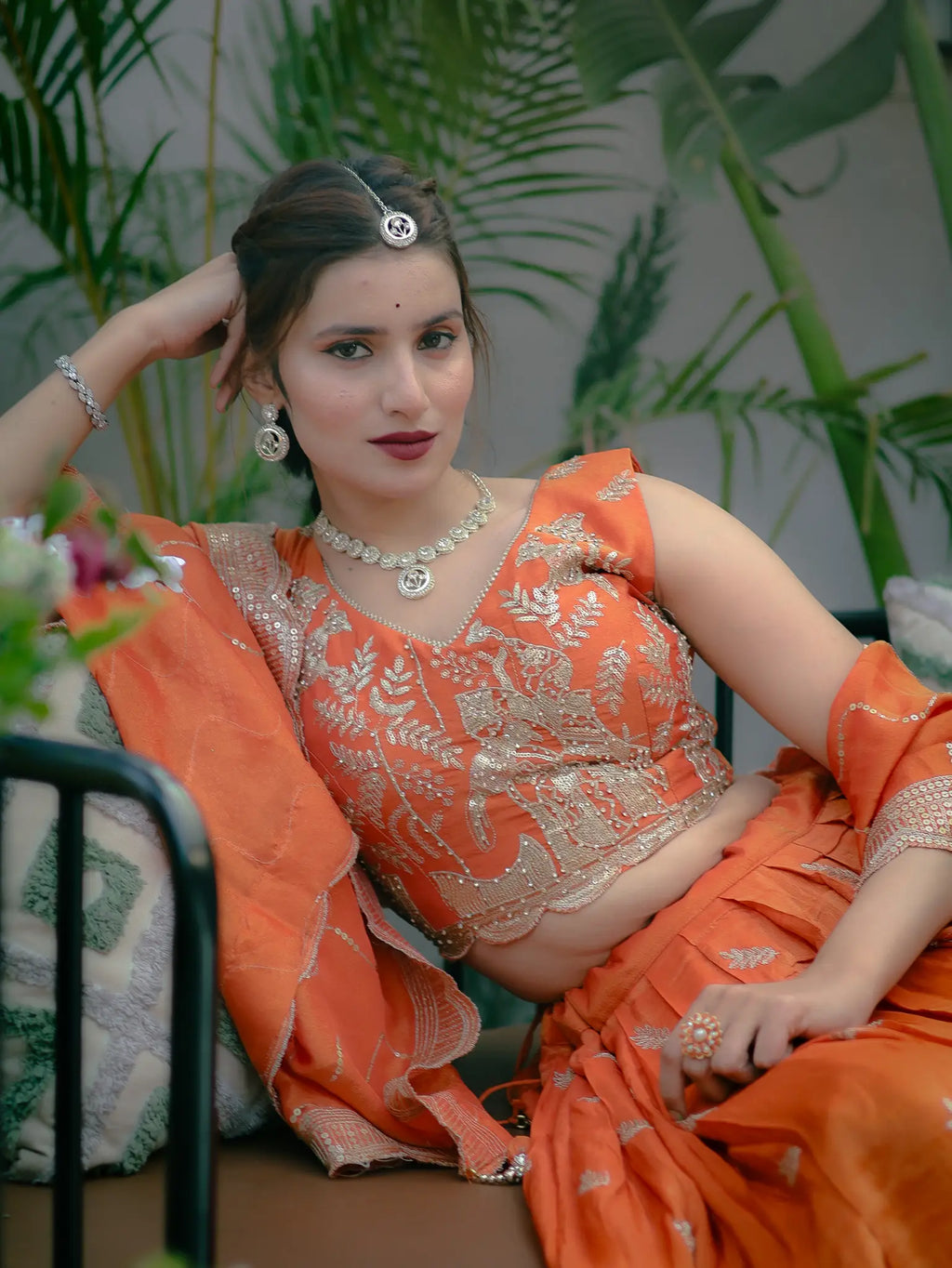 Peach Orange Embroidered Lehenga Choli Set