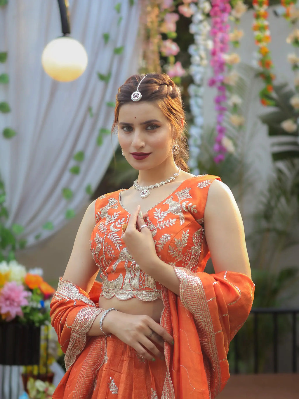 Peach Orange Embroidered Lehenga Choli Set