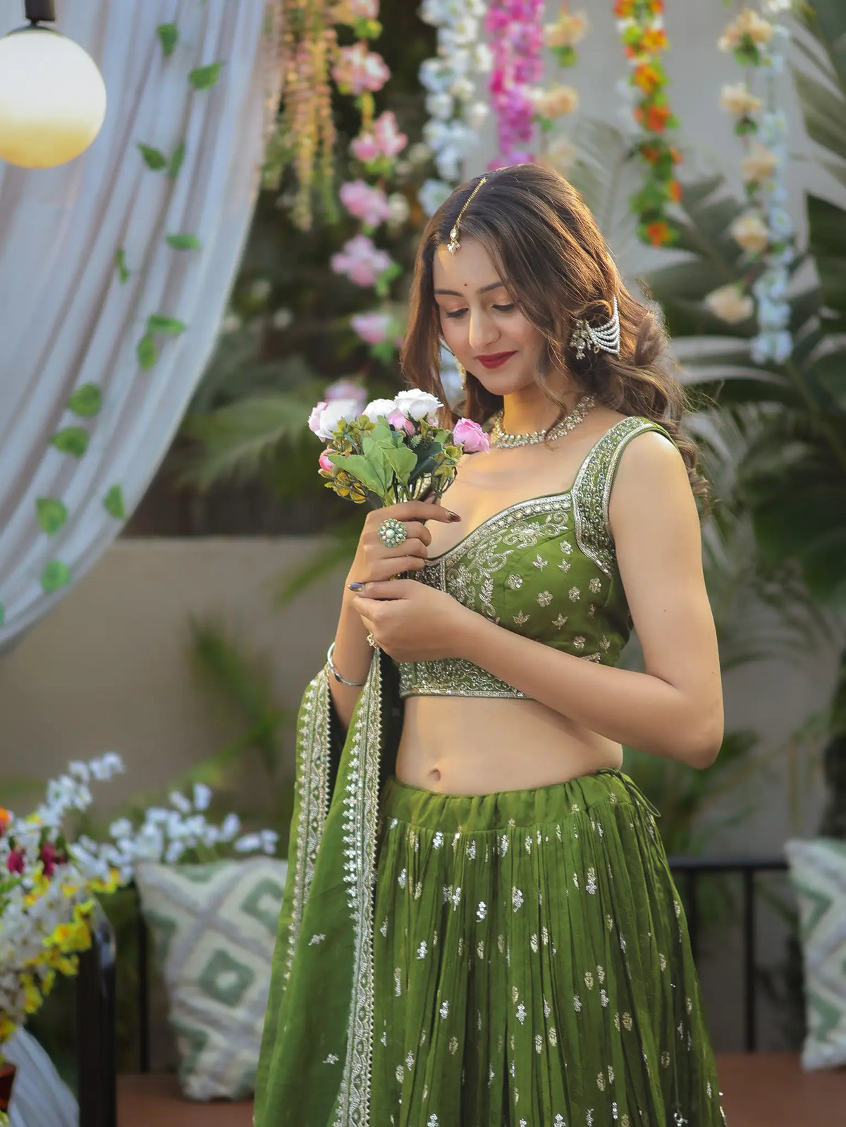 Peach Green Embroidered Lehenga Choli Set | Wedding & Festive Wear