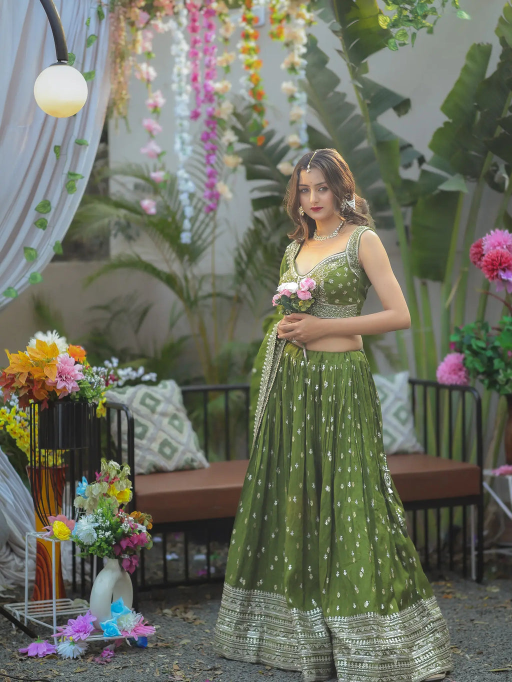 Peach Green Embroidered Lehenga Choli Set | Wedding & Festive Wear