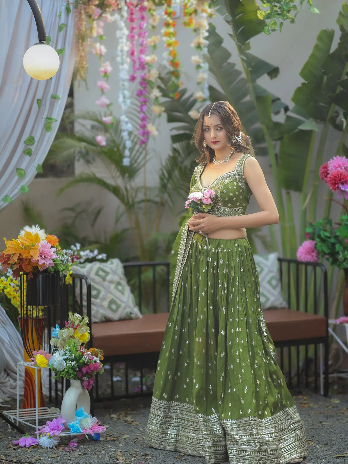 Peach Green Embroidered Lehenga Choli Set | Wedding & Festive Wear