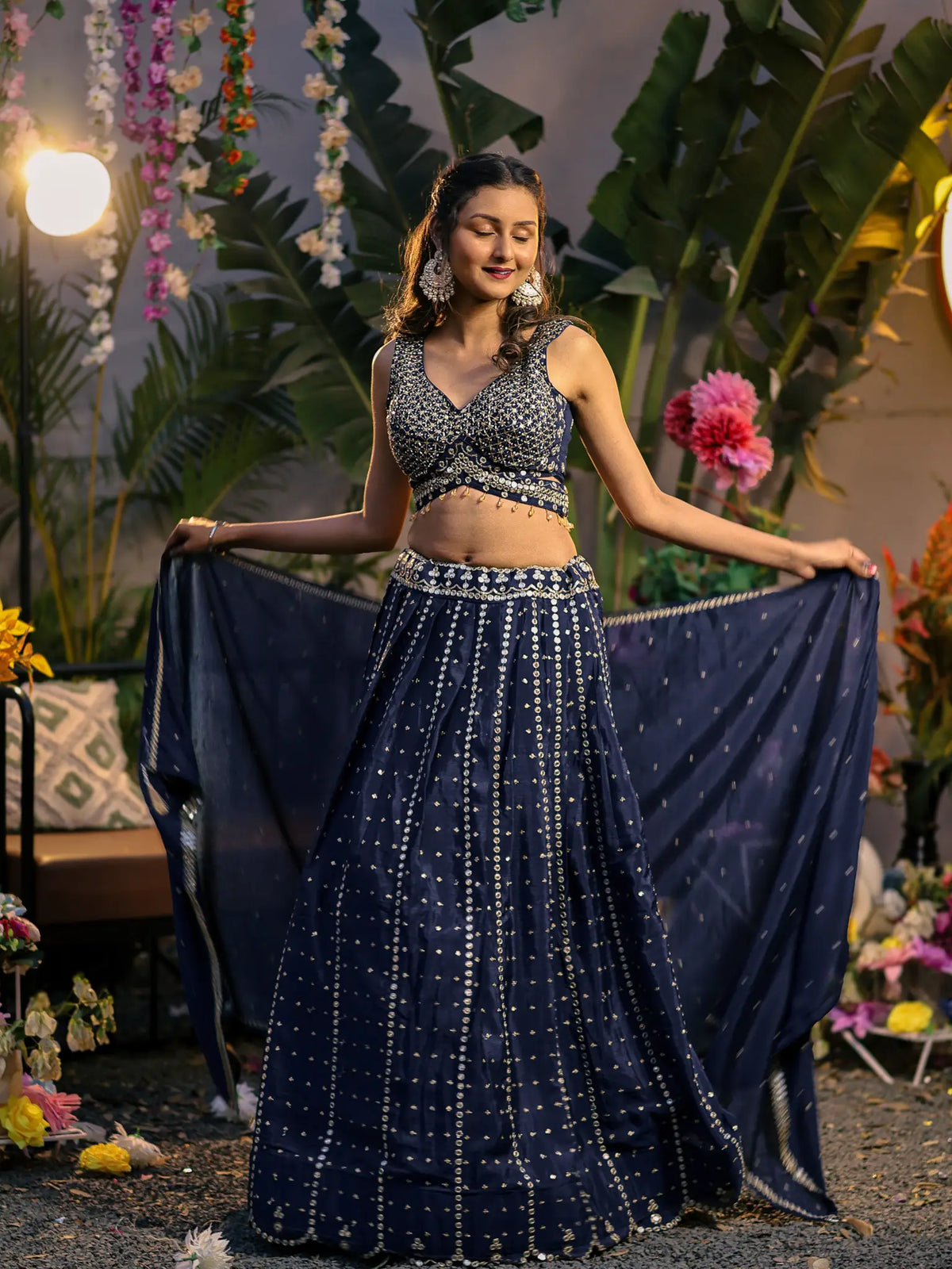 Navy Blue Sequin Embroidered Lehenga Choli Set