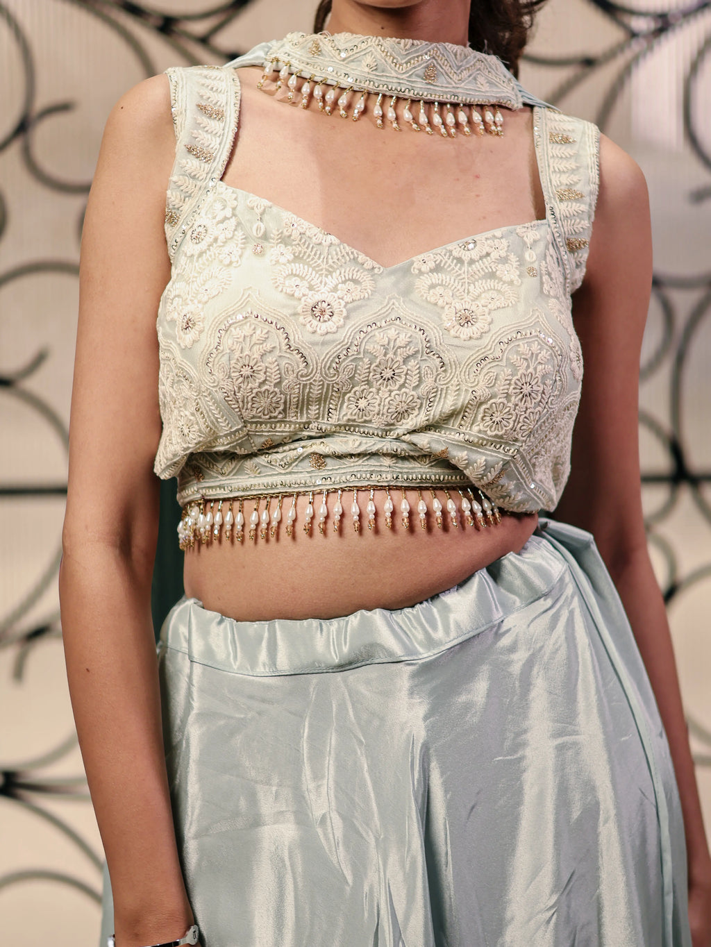 Pastel Mint Green Embroidered Lehenga Choli Set