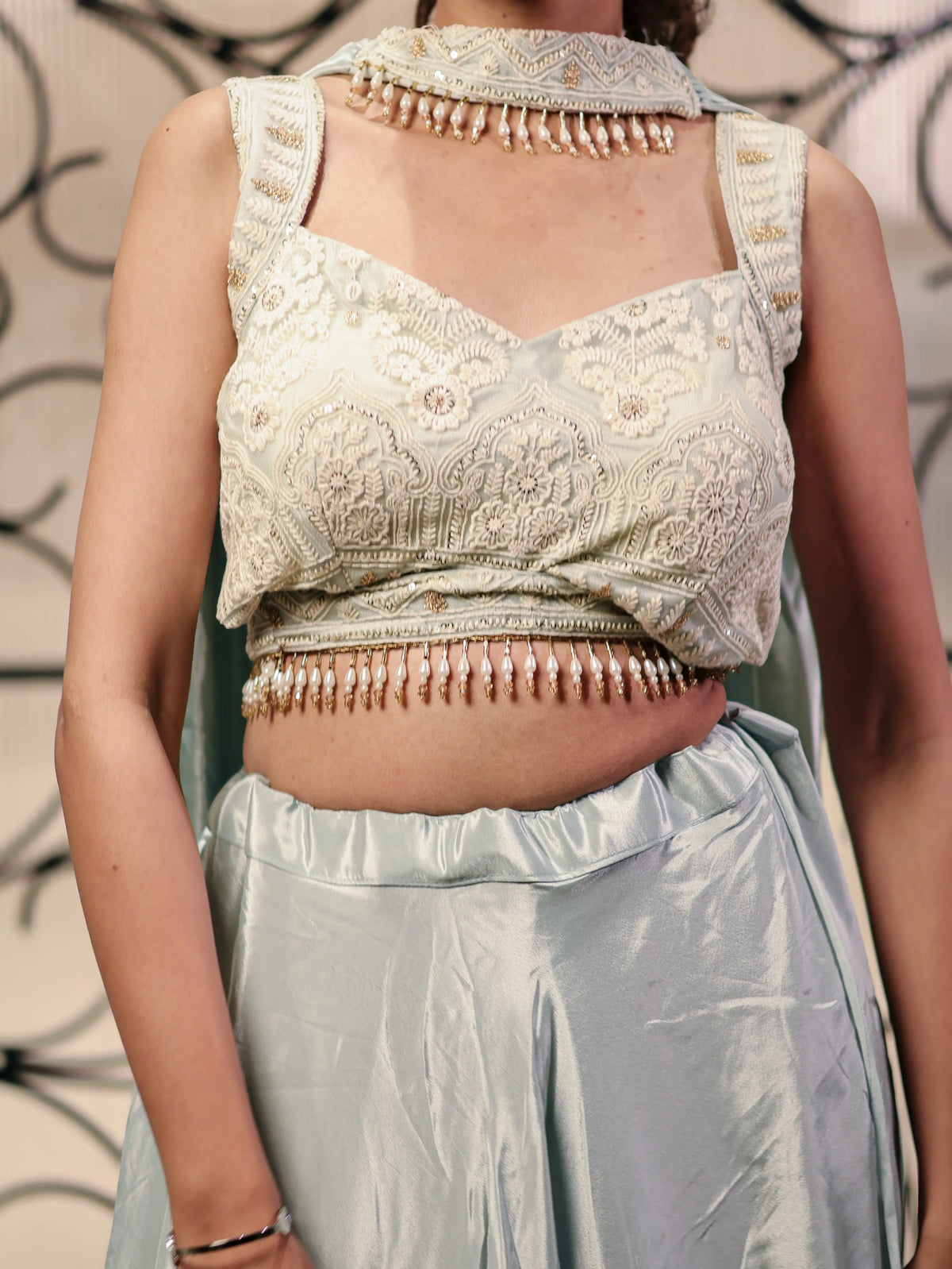 Pastel Mint Green Embroidered Lehenga Choli Set