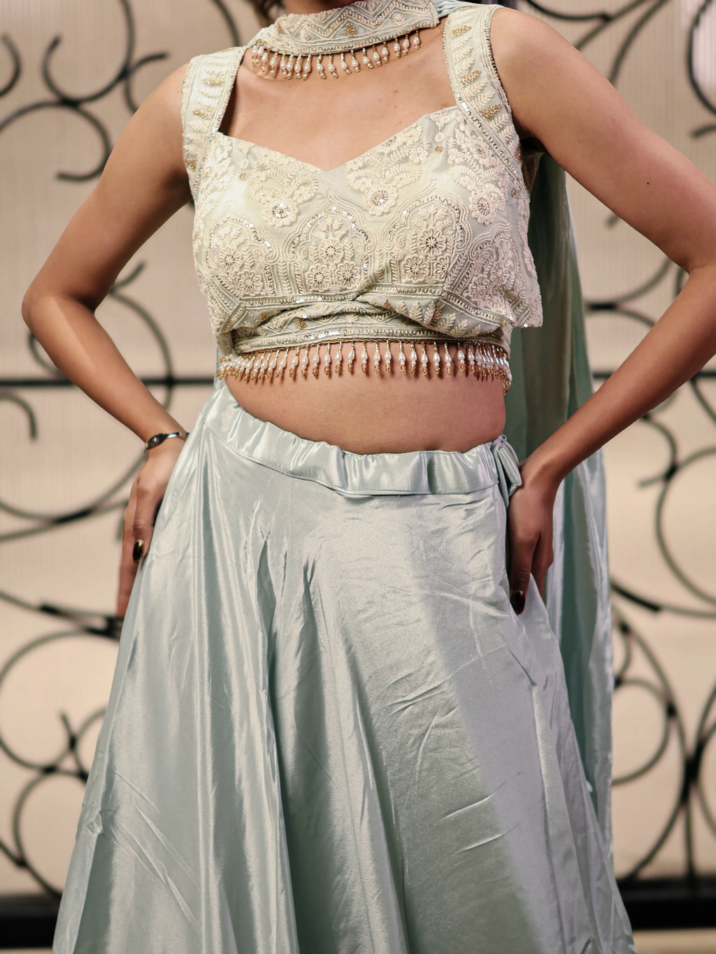 Pastel Mint Green Embroidered Lehenga Choli Set