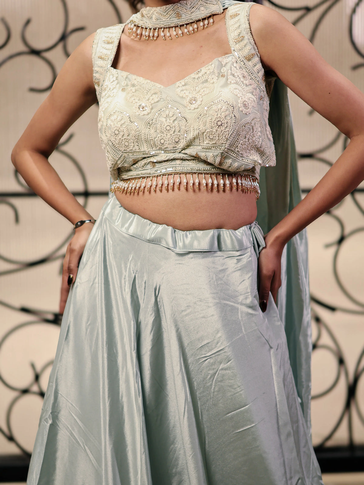 Pastel Mint Green Embroidered Lehenga Choli Set