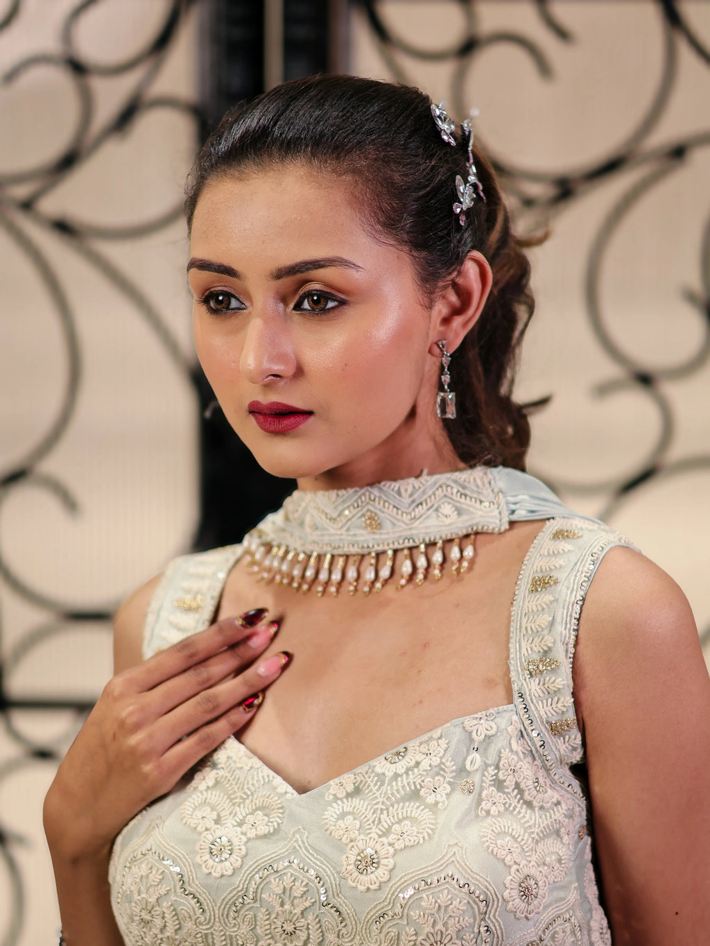 Pastel Mint Green Embroidered Lehenga Choli Set