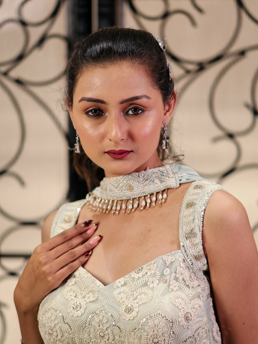 Pastel Mint Green Embroidered Lehenga Choli Set