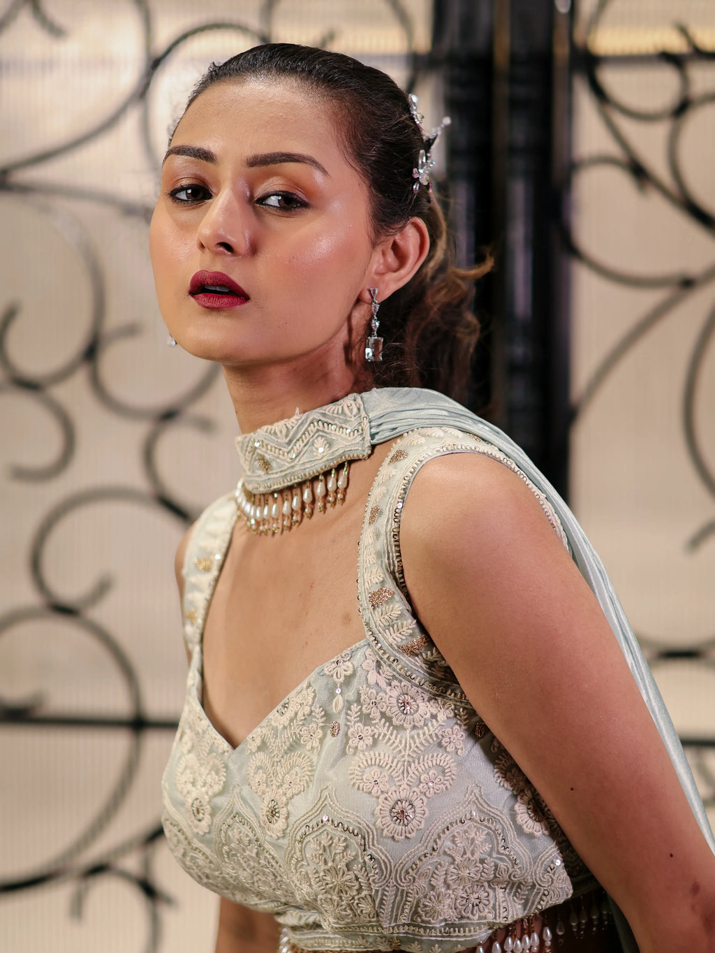 Pastel Mint Green Embroidered Lehenga Choli Set