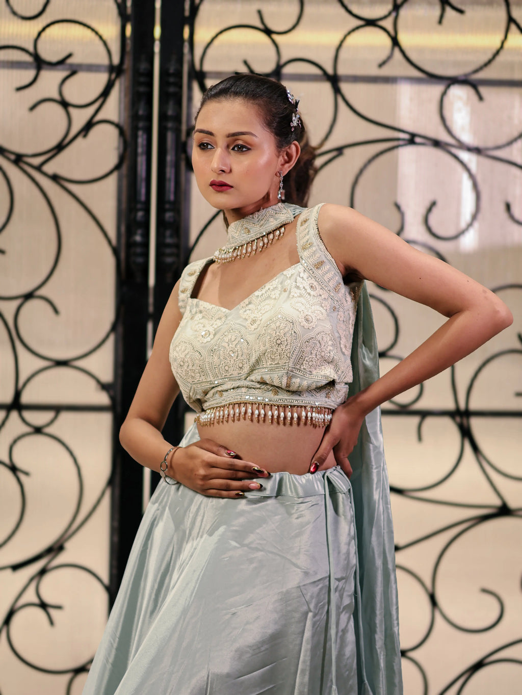Pastel Mint Green Embroidered Lehenga Choli Set