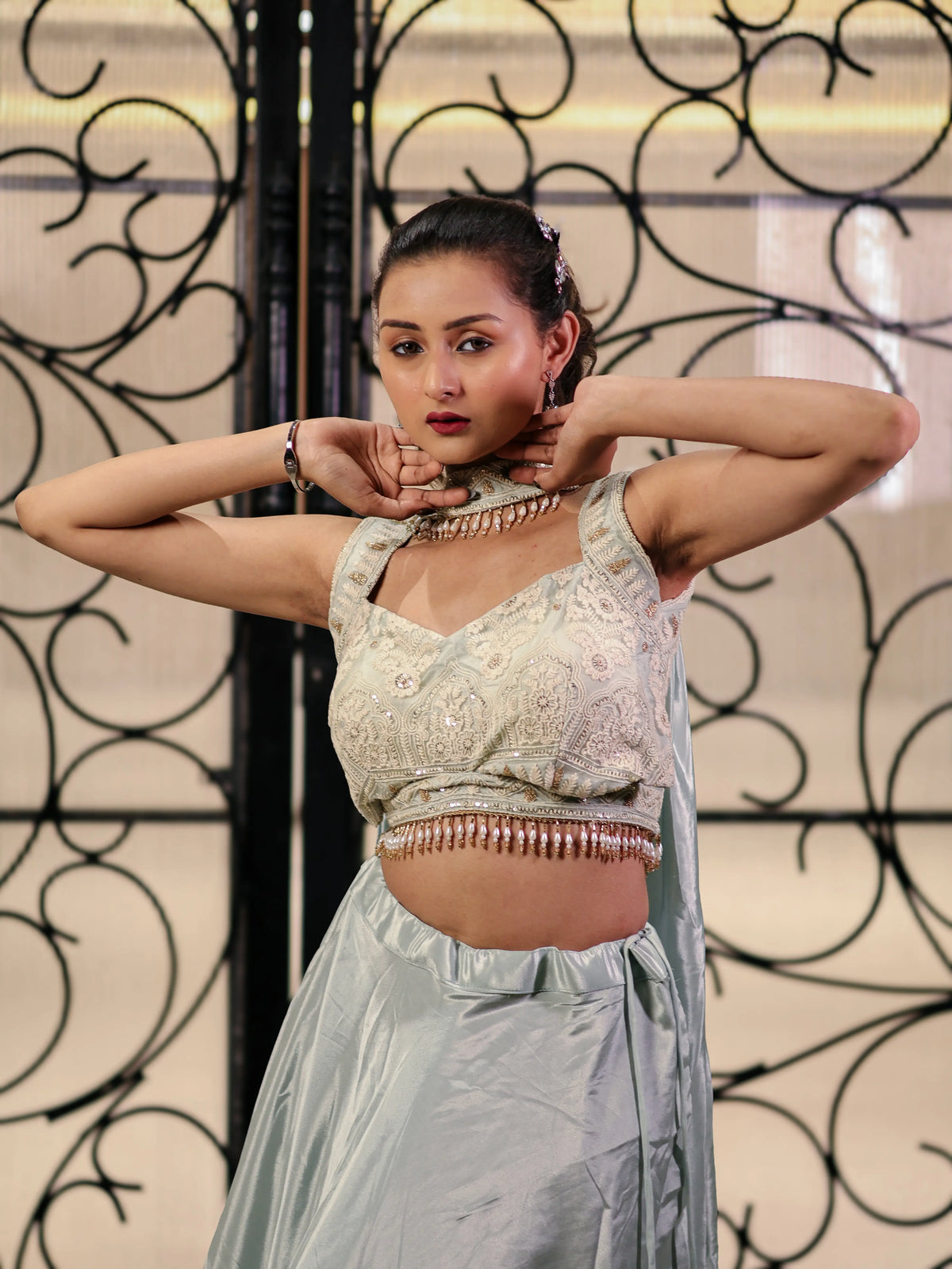 Pastel Mint Green Embroidered Lehenga Choli Set