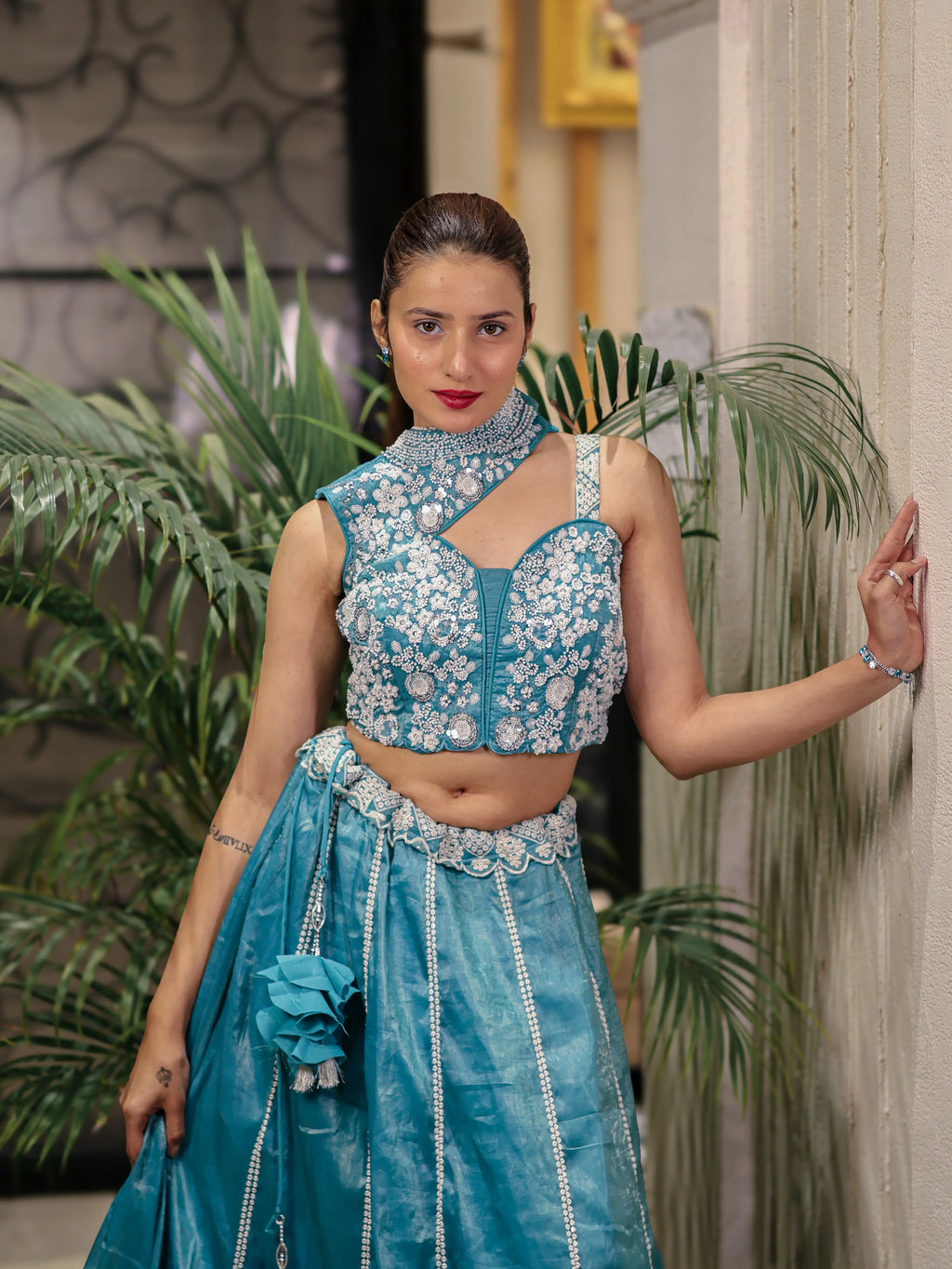 Teal Blue Embroidered Lehenga Choli Set