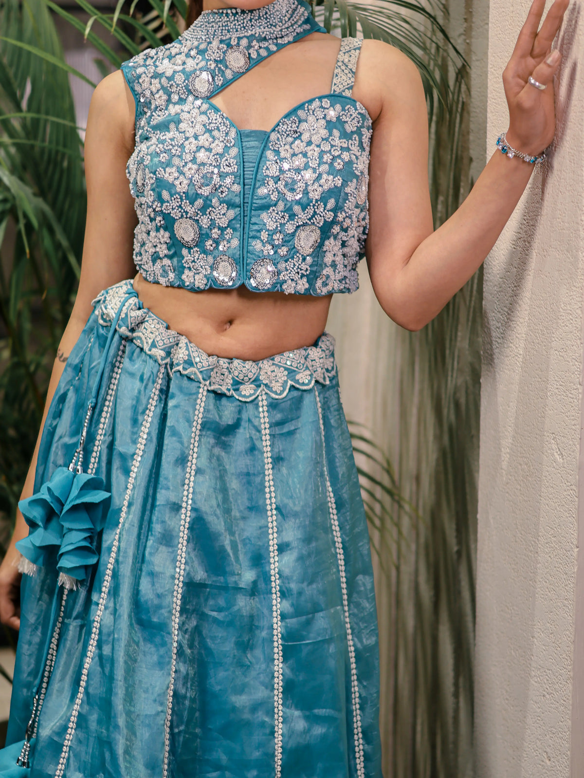 Teal Blue Embroidered Lehenga Choli Set