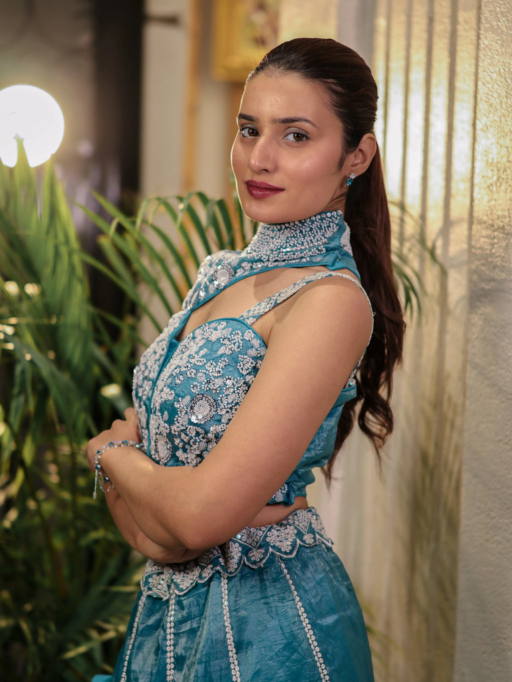 Teal Blue Embroidered Lehenga Choli Set