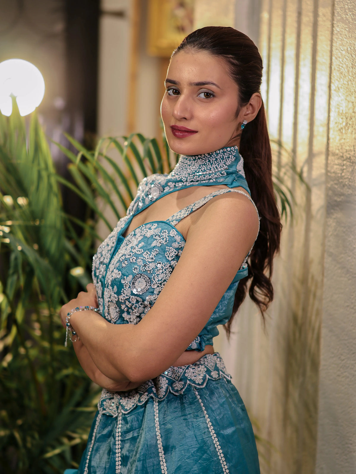 Teal Blue Embroidered Lehenga Choli Set