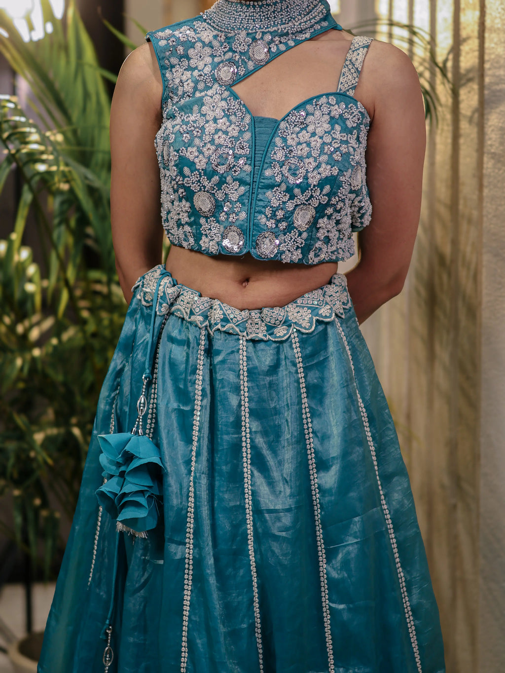 Teal Blue Embroidered Lehenga Choli Set