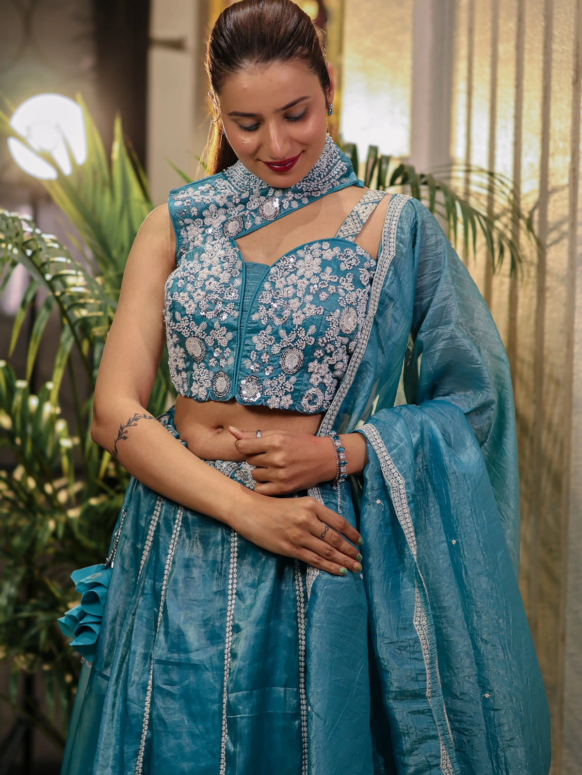 Teal Blue Embroidered Lehenga Choli Set