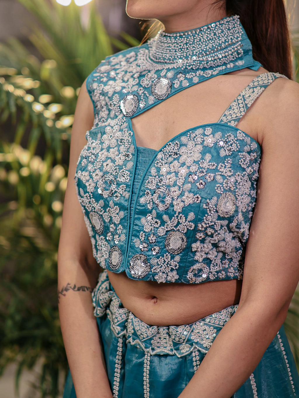 Teal Blue Embroidered Lehenga Choli Set